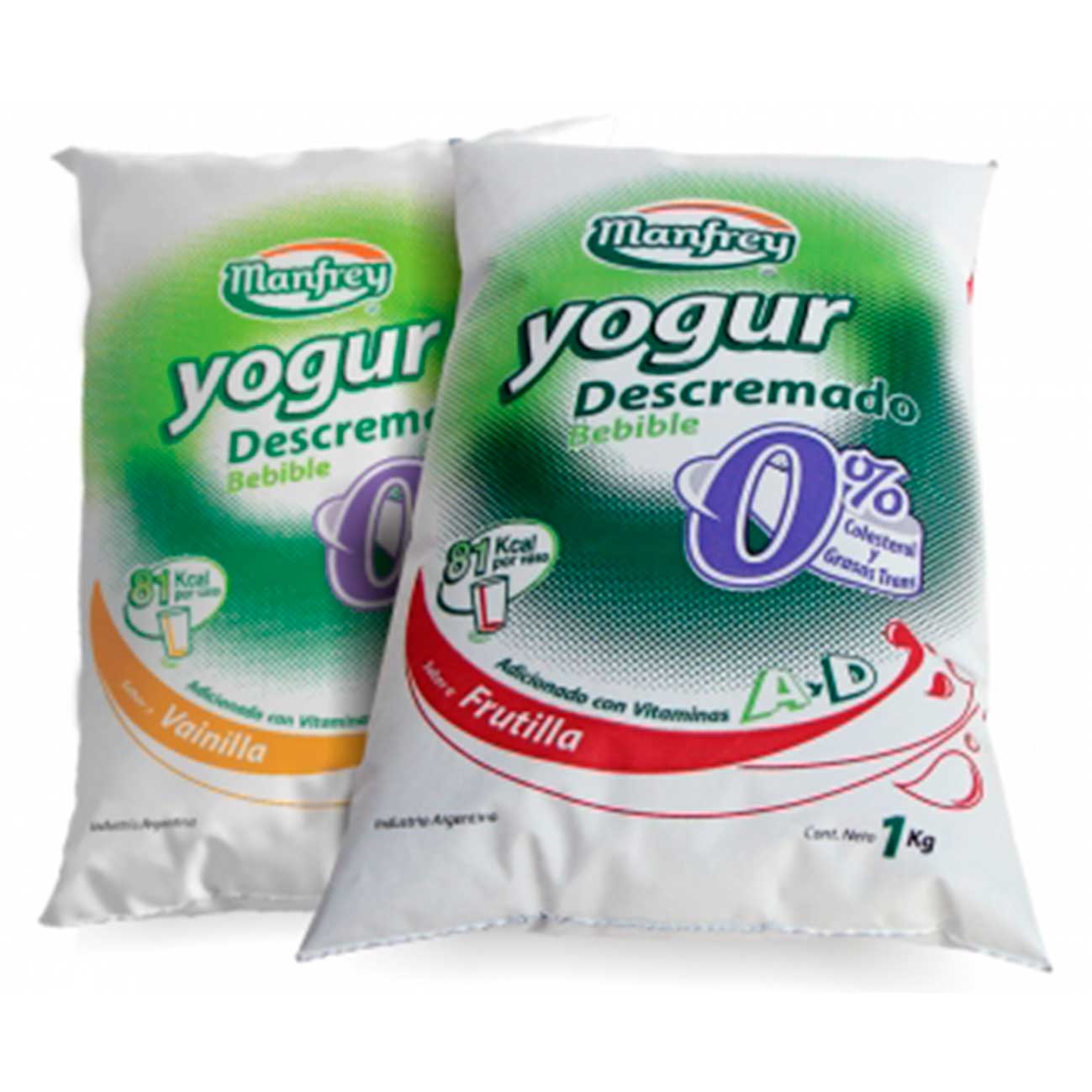 Yogur descremado de bajo valor glúcido Fortificado con Vitamina A y D. Libre de Gluten.  Sabor Frutilla y vainilla MANFREY